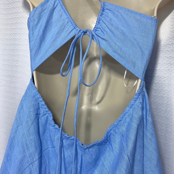 Fortunate One Blue One Shoulder Linen-blend Maxi Dress women sz L - Picture 5 of 9